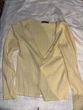 Nikka K Butter Yellow Pointelle Knit Tie-Front Cardigan Top Size M